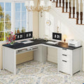 Vabches Wood L Shaped Executive Desk Farmhouse Home Office Desk with Drawers and Under-Desk Storage Shelf Corner Computer Desk with Power Outlets for Home Office Study Bedroom White and Black