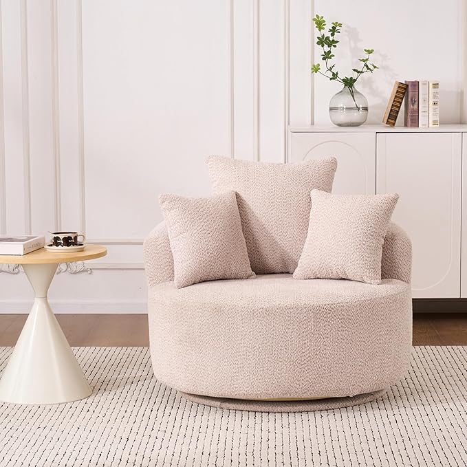 40” Beige Round Swivel Chair with 3 Pillows &amp Thick Cushion Oversized 360° Swivel Accent Chair Modern Boucle Armchair for Nursery Living Room Bedroom Club
