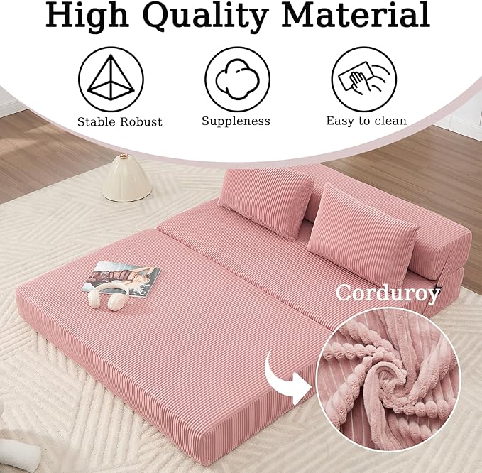55 Convertible Folding Sofa Bed with 2 Pillows Corduroy Foldable Sleeper Sofa for Adult Floor Couch Bed for Living Room Bedroom No Assembly (Pink)