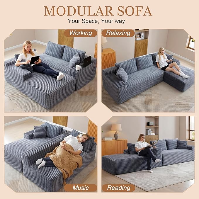 108 Cloud Modular Sectional Couch with Moveable Ottoman Modern Minimalist Upholstered Boneless Couch Deep Seat Corduroy Corner Couches (Gray Right Facing Chaise + Ottoman)