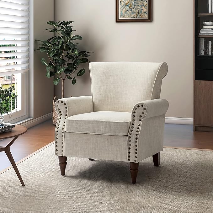 Modern Upholstered Accent Chair with Wood Legs Wingback Armchair with Removable Cushion Comfy Nailhead Trim Lounge Chair Single Sofa Reading Chairs for Living Room Bedroom
