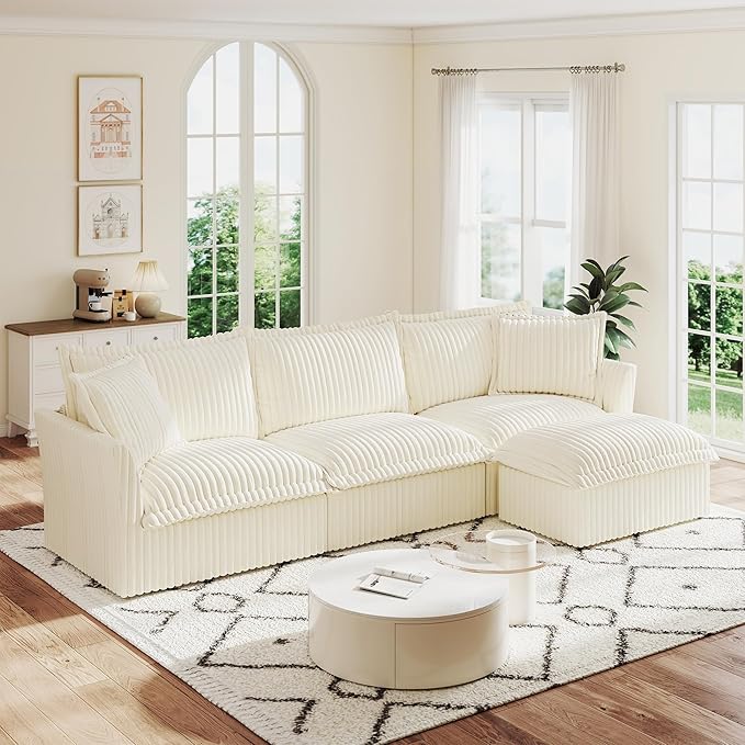 120 Slipcovered Modular Cloud Sectional Sofa Deep Seat Corduroy L Shaped Couch with Removable Covers 3-Seater Sofa with Movable Ottoman for Living Room (Cream) | Slipcovered