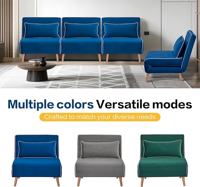 32 Convertible Sleeper Chair 3-in-1 Folding Sleeper Chair with Pillow 3-Position Adjustable Backrest for Living Room Bedroom Office Blue