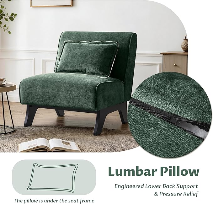 Upholstered Armless Accent ChairModern Comfy Living Room Chairs with Wooden Legs&amp PillowsLounge Sofa Side Chair for Bedroom Farmhouse Reading (Green 1 PC)