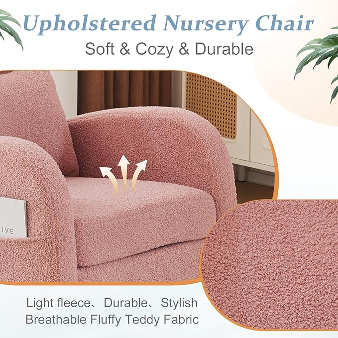 VINGLI Teddy Fleece Low Seat Rocking ChairBoucle Upholstered Nursery Glider Chair with Side PocketsAccent Arm Chair with High BackrestComfy Head RestSolid WoodFor Living Room Bedroom BalconyPink