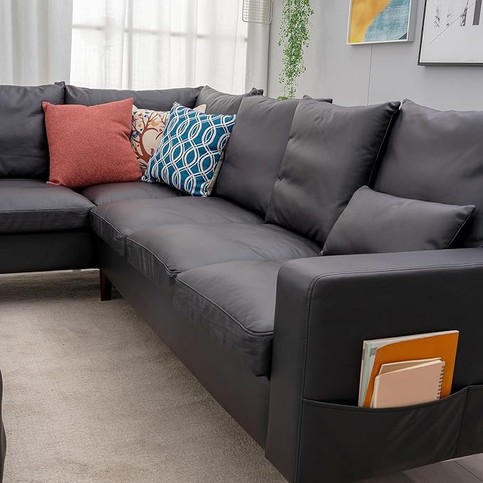 Panana 5 and 6 Seater Convertible Sectional Sofa CouchL-Shape with Universal Corner and Bulit-in USB Charging Port Chaise (Black Leather Look Fabric 6 Seater Corner with Built-in USB Port Chaise)