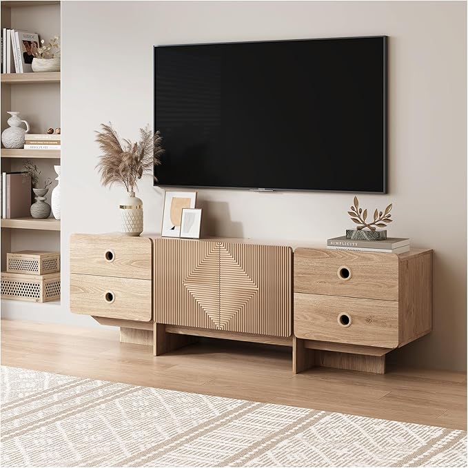 66 Fluted TV Stand Boho TV Consoles for Living Room Modern Entertainment Center with Storage Media Console Cabinet for 75 inch TV(Oak)
