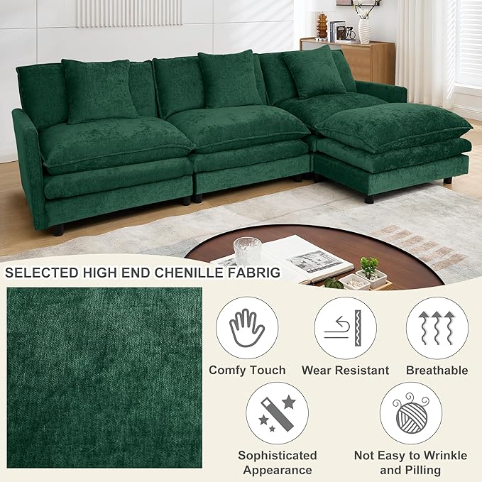 108.27 Modular Convertible Sectional Couch 4 Seat L Shaped Sofa Reversible Chaise Sectional Sofa Deep Seat Cloud Couch Chenille for Home Apartment Dorm
