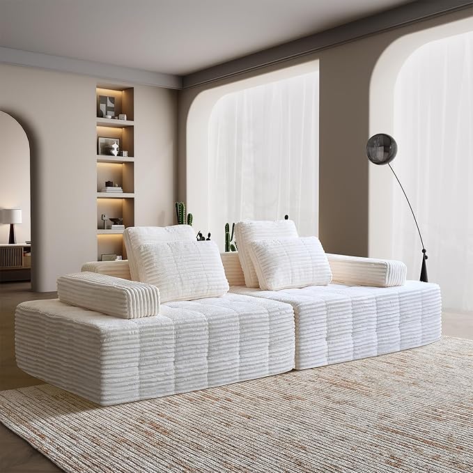Modular Sectional Sofa with Movable Handrails Straight-Row Boneless Sofa Sectional Couch for Living Room Deep Seat Memory Foam Faux Rabbit Fur Fabric Sofa No Assembly Required (White)
