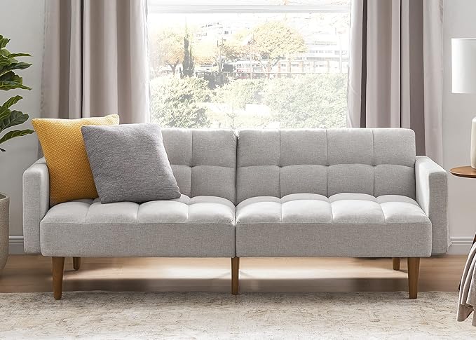mopio Aaron 76.8 Couch Small Futon Sofa Bed Sleeper Loveseat Mid Century Modern Futon Couch Sofa Cama Couches for Living Room Bedroom (Light Gray Fabric)