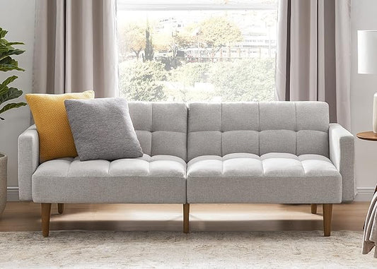 mopio Aaron 76.8 Couch Small Futon Sofa Bed Sleeper Loveseat Mid Century Modern Futon Couch Sofa Cama Couches for Living Room Bedroom (Light Gray Fabric)