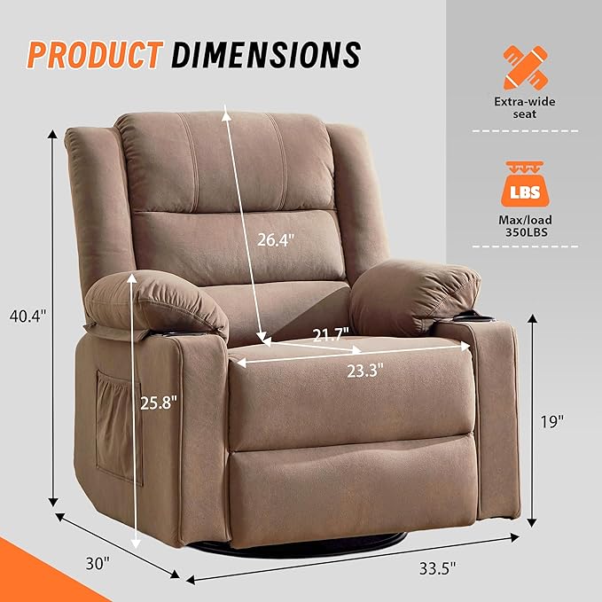 360°Swivel Rocker Recliner Chair for AdultsManual Glider Recliner Sofa with Massage and Heating Nursery Rocking Chairs with Cup Holds for Living Room Bedroom (Light Mocha)