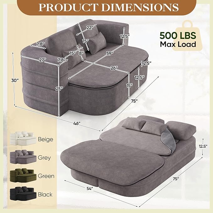 Antetek Convertible Sleeper Sofa Modern Folding Futon Chenille Floor Foam Compression Loveseat Sofa Bed Couch Foldable Full Size Guest Bed with 4 Pillows for Living Room Bedroom Apartment Grey
