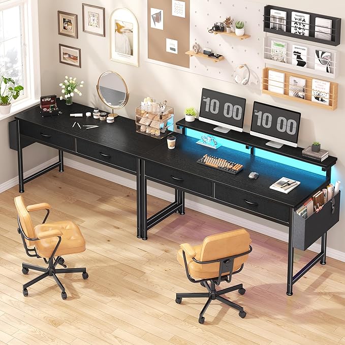 47.3Inch Gaming Desk with LED Lights with 2 Drawers Home Office Desk Computer Desk with Side Pocket &amp Ergonomic Monitor Stand Small Space Study Writing Table with Anti-Tip DesignBlack