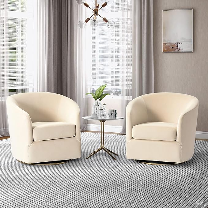 HULALA HOME Swivel Accent Chair with Gold Metal Base Set of 2 Contemporary Velvet Curved Swivel Barrel Chair Upholstered Club Armchair Leisure Single Sofa for Living Room Nursery Bedroom(TAN)
