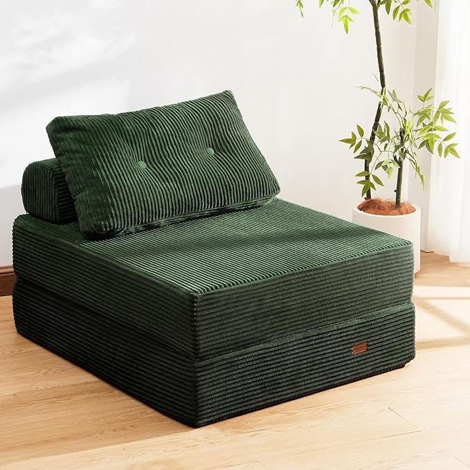 Folding Sofa Bed3-in-1 Convertible Sleeper Chair Corduroy High-Density Foam with PillowFold Out Chair BedFoldable Single Futon Chair for Living Room、HotelSingle Emerald Green