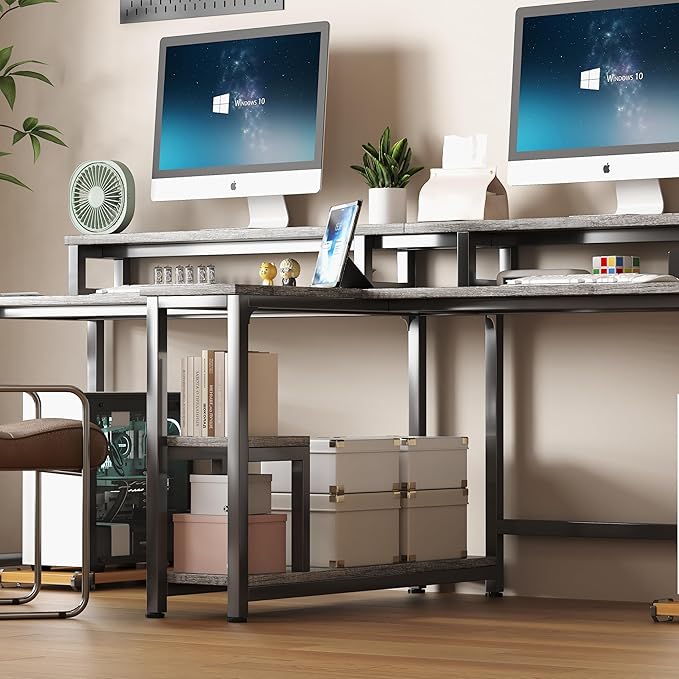 MUTUN Two Person Desk with LED Light 83.7 Inch Computer Office Double Desk with Monitor Stand and Power Outlets Rustic Writing Table Workstation with Shelves Long Desks for Home Office Grey