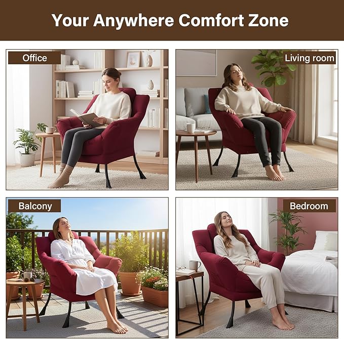 Welnow Lazy Chair for Living Room Modern Reading Accent Chair with Armrests and a Side Pocket Leisure Upholstered Lazy Sofa for Small Space Bedroom Dorm Burgundy