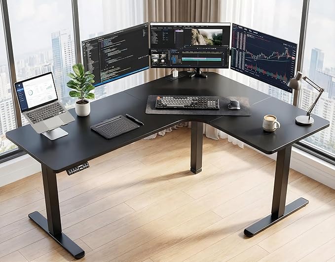 HUANUO 63″ Dual Motor L-Shaped Standing Desk Built-in Power Outlets Electric Height Adjustable Corner Computer Desk Large Power Strip Holder Sit Stand Up Desk with 3 Preset Heights Black