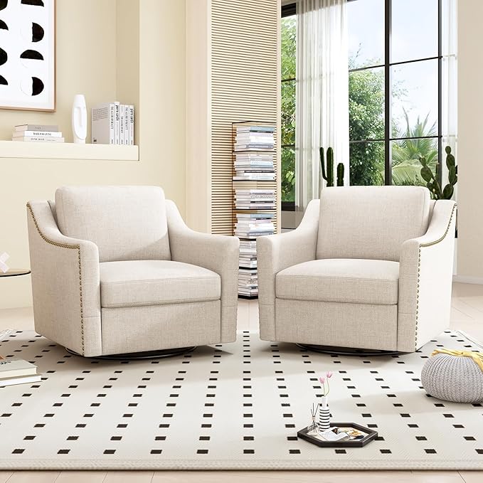 Swivel Accent Chair Set of 2 Modern Comfy Linen Upholstered Barrel Armchair with Nailhead Decor and Metal Base Soft Oversized Round Chair for Living Room Bedroom Club (2 Beige)