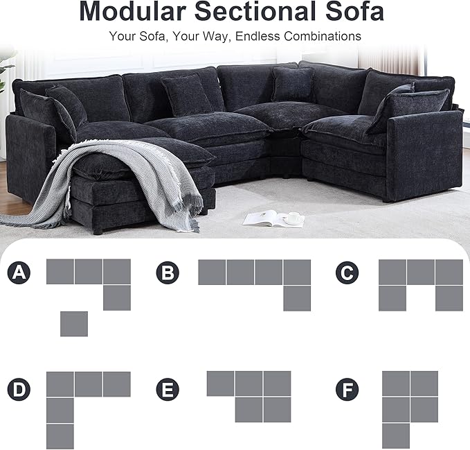 Modular Cloud Sectional Sofa Modern Chenille L Shaped Sectional Couch with Ottoman &amp Pillows 5 Seater Deep Seat Corner Couches for Living Room Apartment Office Black