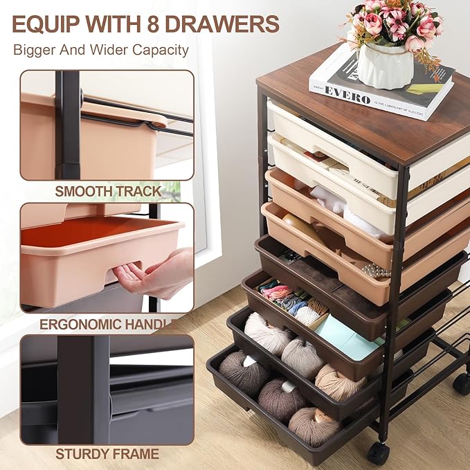 Rolling Storage Cart with Drawers Rolling Drawer Cart and Wooden TabletopStorage Drawer Cart for Living RoomClassroomBedroomBathroomDormOfficeBrown Gradient