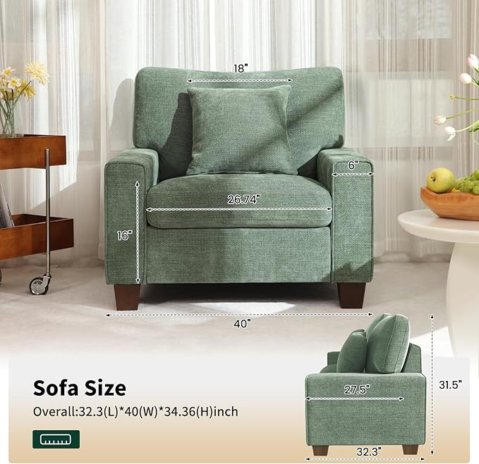 DOPEDIO Fabric Single Sofa Living Room Accent ChairDetachable Sofa Cover Comes with Decorative Pillows Spring Cushion and Solid Wood Frame Easy to Install (40inch Green)