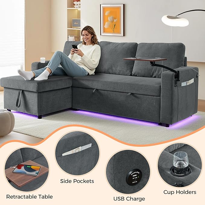LED Sectional Sleeper Sofa with Pull Out Bed Convertible L Shaped Sofa with Storage Chaise Lounge Retractable Table USB Cup Holders Comfy 3-Seater Sleeper Couch for Living Room (Grey)