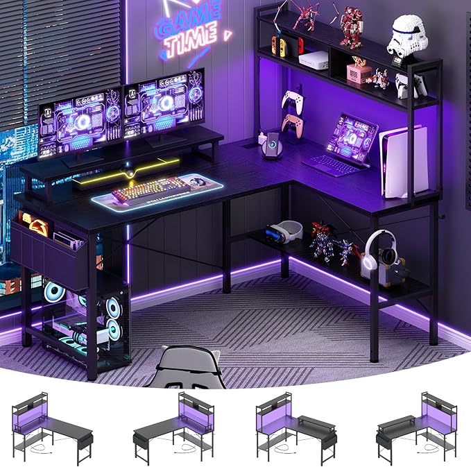 Aheaplus L Shaped Gaming Desk with Power Outlets &amp LED Lights Small L- Shaped Desk Computer Corner Desk with Monitor Stand &amp Storage Shelf Home Office Desk Writing Desk with Storage Bag Bla