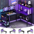 Aheaplus L Shaped Gaming Desk with Power Outlets &amp LED Lights Small L- Shaped Desk Computer Corner Desk with Monitor Stand &amp Storage Shelf Home Office Desk Writing Desk with Storage Bag Bla