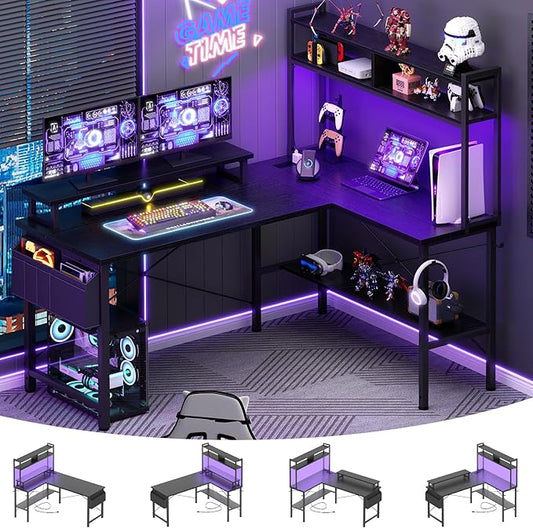 Aheaplus L Shaped Gaming Desk with Power Outlets &amp LED Lights Small L- Shaped Desk Computer Corner Desk with Monitor Stand &amp Storage Shelf Home Office Desk Writing Desk with Storage Bag Bla