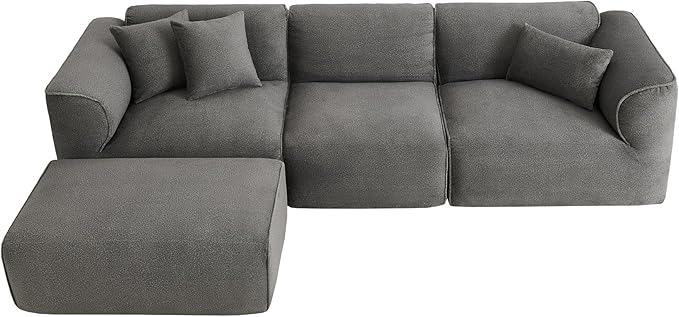 Luxury Living Room Double-Needle Cut Velvet Sofa 4-Seater with Pure Sponge Seat Cushions A Detachable Footstool and 3 Throw Pillows L Shaped Polyester Sofa for Living Rooms (Gray-EK99)