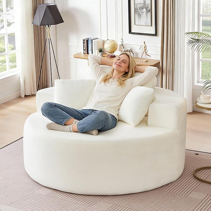 Modern Round Accent Sofa Chair for Living Room Upholstered Soft Terrycloth Barrel Lounge Arm Chair with Large seat&ampThrow Pillows for Bedroom Office Apartment Beige