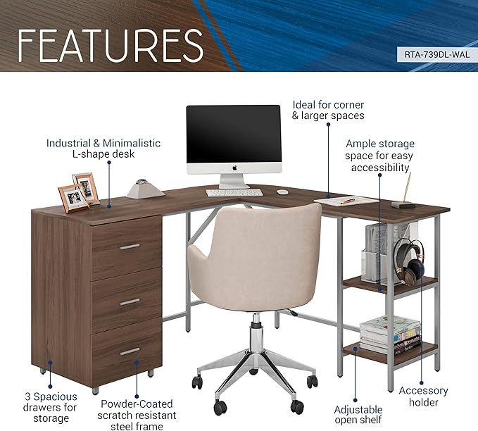Techni Mobili L Shaped Desk - Two-Toned Computer Desk with Drawers &amp Storage Shelves - Simple Modern Furniture &amp Home Office Space Corner Table for Work &amp Writing