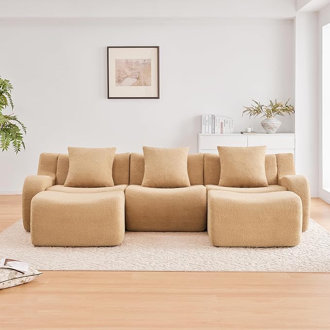 Boneless Cloud Couch Modular Sectional Sofa U Shaped Couch 3 Seater Comfy Teddy Sofa Deep Seat Sectional Couches for Living Room Oversized Floor Couches with Ottoman No Assembly Camel