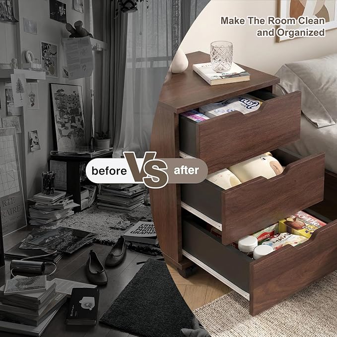 3 Drawer File Cabinet for Home Office 3-Drawer Vertical Filing Cabinet Rolling Wood Mobile File Cabinets Under Desk for Home Office with Casters (Brown)