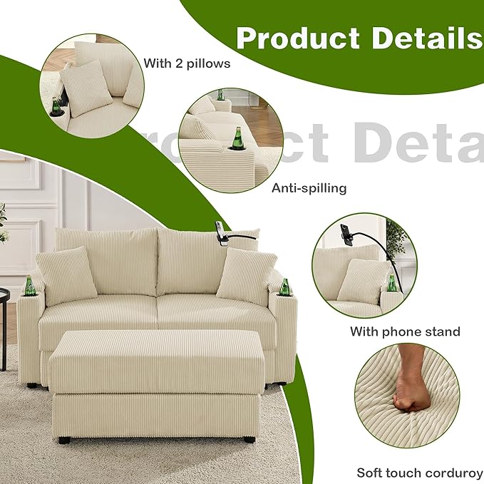 42 W Comfy Living Room Chair with Storage Armrest Corduroy Accent Chair with Two Cup Holders Oversized Reading Chair with A Phone Holder Rack for Living Room (Beige)