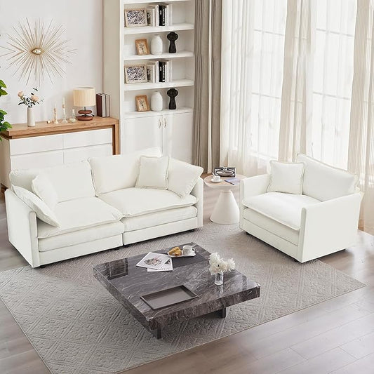 mikibama Luxury 2 Piece Loveseat Couch &amp Sofa Armchair Set Modern Upholstered Chenille Cloud Couches Set Furniture with 5 Pillow for Living Room Bedroom Office Apartment Beige