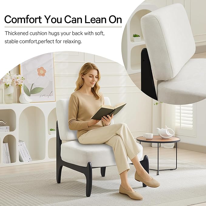 Qulomvs Modern Accent Chair Mid Century Accent Chair with Wooden Frame Upholstered Comfy Reading Chair Armless Side Sofa Chair for Living Room Bedroom (White Fabric)