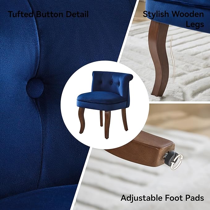 Velvet Vanity Chair with Back Tufted Upholstered Vanity Stool with Solid Wood Legs Mid Century Small Makeup Chair for Vanity Accent Chair for Bedroom Living Room Navy