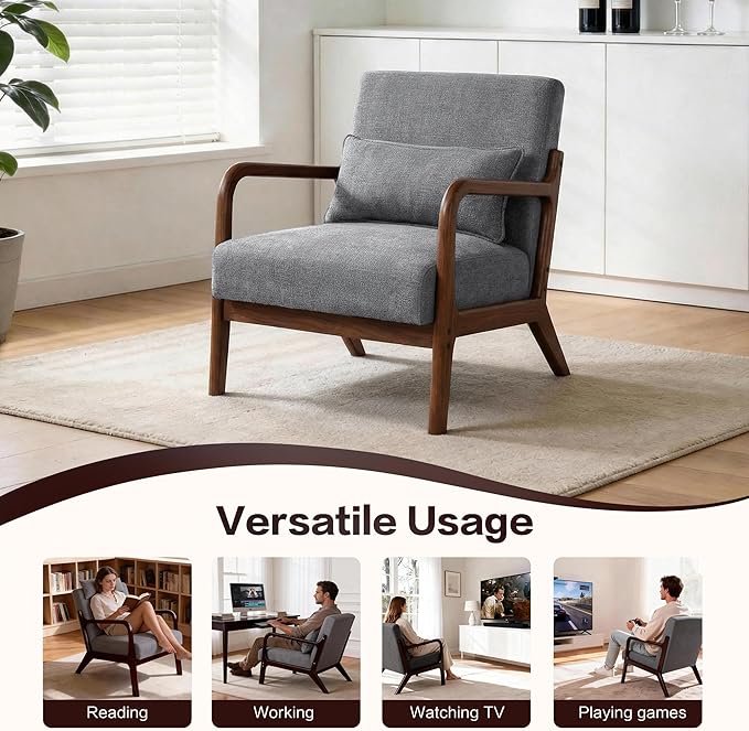 Mid Century Accent Chair Comfy Arm Chair with Solid Wood Frame Upholstered Modern Chair for Living Room Bedroom Waiting Room Dark Grey