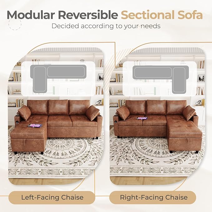 Esright Sleeper Sofa Bed 3-in-1 Pull Out Couch with Reversible Chaise Leather Sleeper Sofa with Storage USB Cup Holder Pullout Sectional Couches for Apartment Living Room Brown