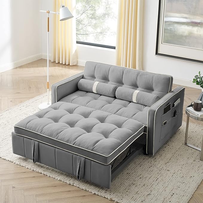 3 in 1 Sleeper Sofa Couch Bed Small Tufted Velvet Convertible Loveseat Futon Sofa w/Pullout Bed Adjustable Backrest Cylinder Pillows for Living Room Apartment Easy to Assemble Grey 55.5