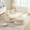 54'' Oversized Round Bean Bag Chaise Lounge Barrel Chair with Movable Ottoman Fluffy Cloud Couch Boneless Round Sofa Chair for Living Room Bedroom Apartment Beige White