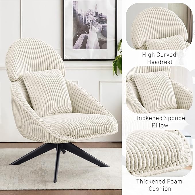 Furniliving Modern Accent Chair Upholstered Swivel Desk Chair for Living Room Sofa Chair for Bedroom Armchair Side Chair with Headrest Bedroom Chair with Pillow Comfy Corduroy Chairs Beige