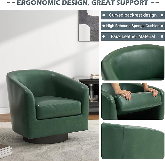 UIXE 360° Swivel Barrel Accent Chair Armchair PU Leather Round Club Arm Chair for Lving Room Modern Upholstered Small Bedroom Single Sofa Seat - Green Set of 4