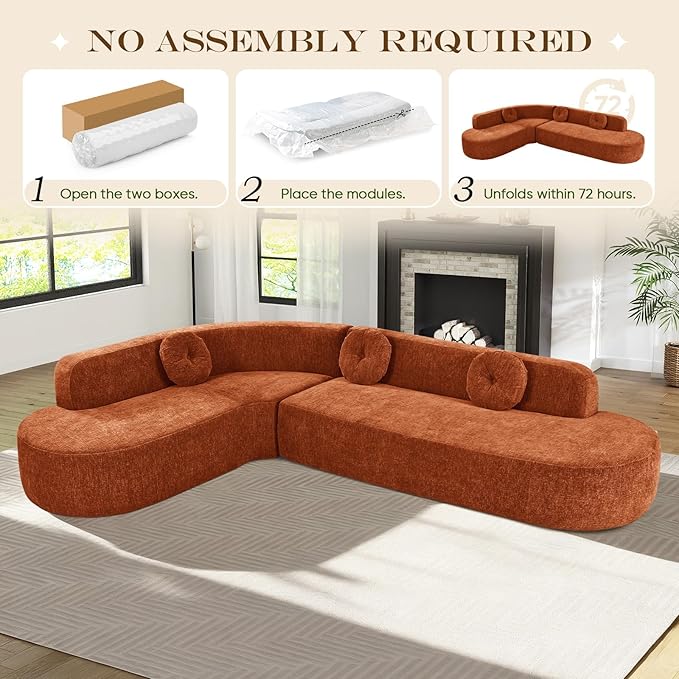 Curved Modular Sectional Sofa - 122 Extra Large 5-Seater with High Resilience Foam &amp Soft Chenille Upholstery 2-Piece Floor Couch with Round Cushions No Assembly Orange Living Room Furniture Se