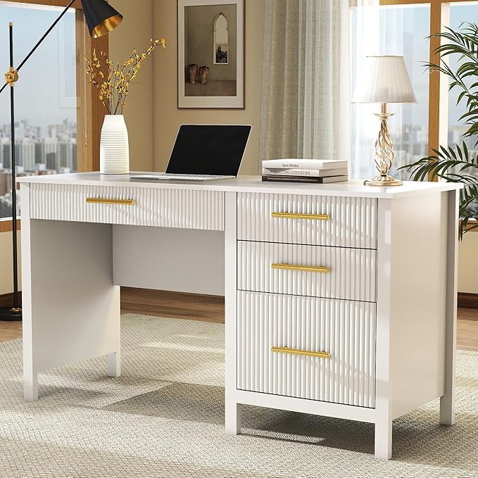 White Computer Desk with Storage: 54 Wooden Executive Office Desk with 4 Drawers Home Office Desks with File Drawers Fluted Writing Desks for Study Living Room