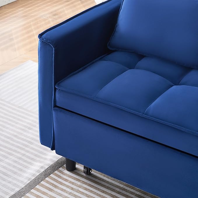 3 in 1 Convertible Sofa BedModern Velvet Loveseat Sleeper Sofa Bed with Adjustable Backrest Storage Pockets and PillowsSuitable for Living RoomGuest RoomBlue