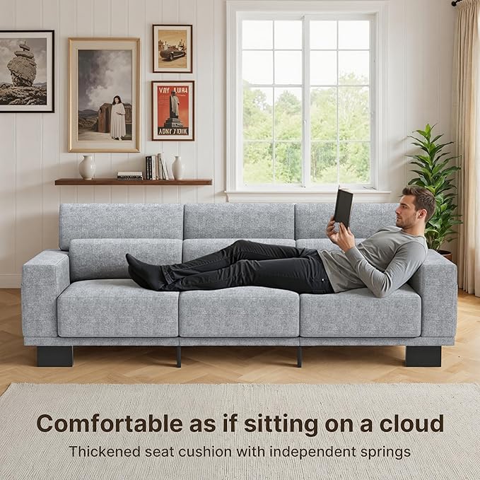 Gizoon 3-Seater Chenille Couch 89 Inch Modern Comfy Sofa with Wide Armrests &amp Deep Cushions for Living Room Bedroom and Apartment Grey